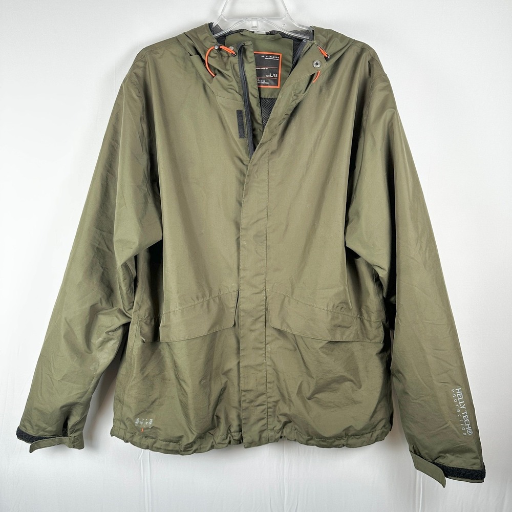 Helly Hansen Workwear Jacket Mens Large Olive Green Rain Coat Hooded Outdoors